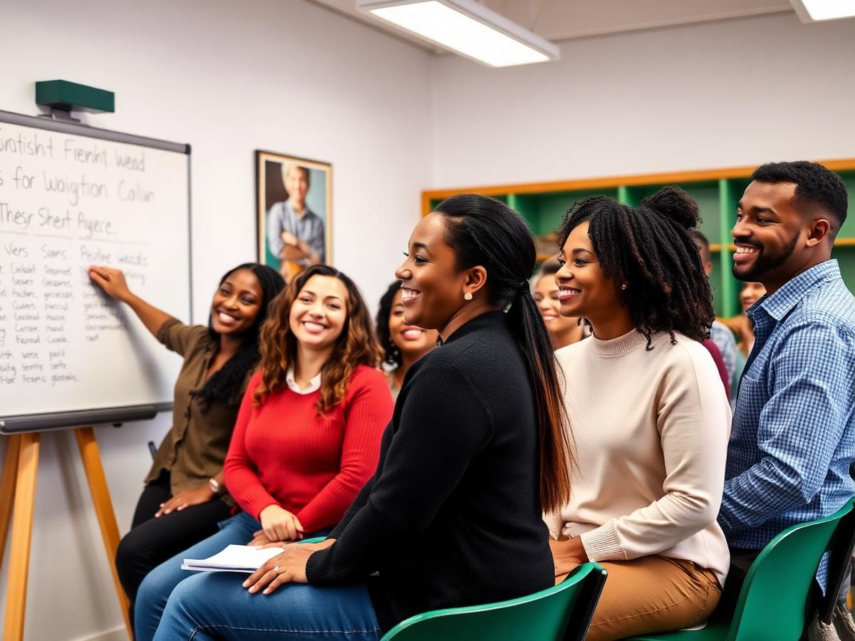 Adult English class with engaged students and teacher at a whiteboard