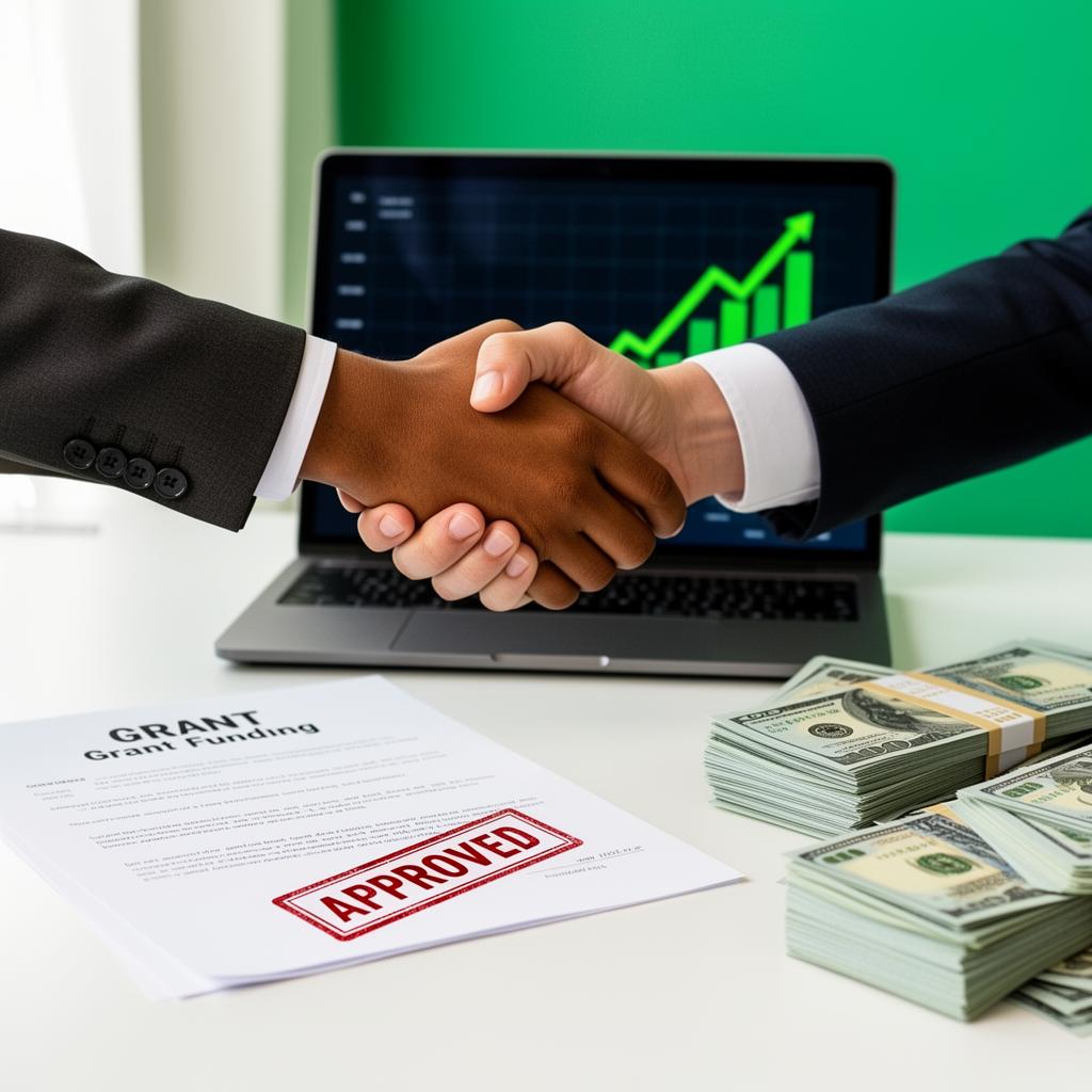 Approved grant funding document with rising cash flow charts and a business handshake