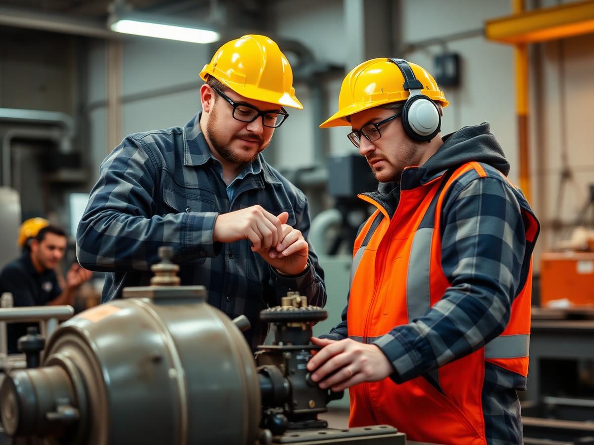 Experienced worker mentoring a trainee on equipment in a workshop