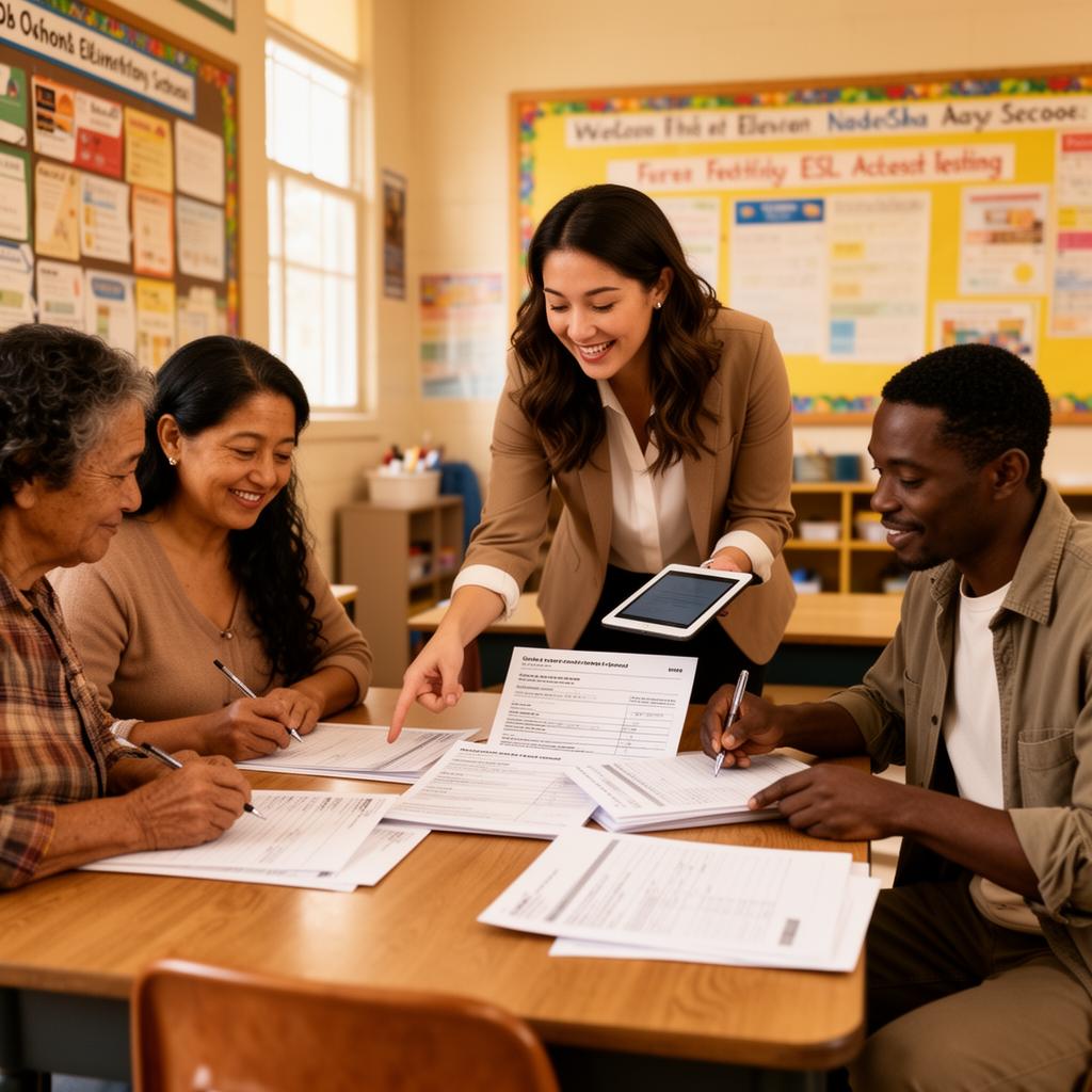 Bilingual family engagement coordinator helping diverse immigrant parents complete school enrollment and ESL access testing forms