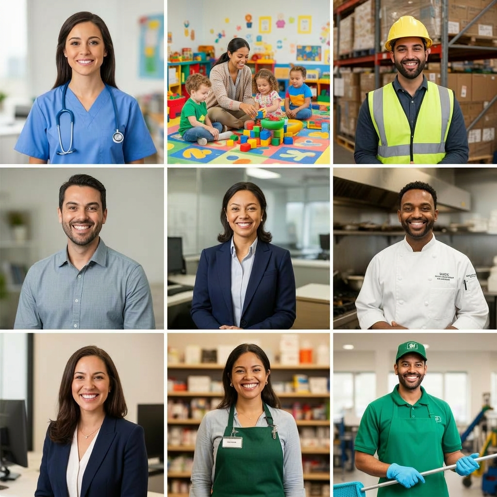 Diverse, work-ready professionals from healthcare, trades, warehouse, hospitality, and office fields